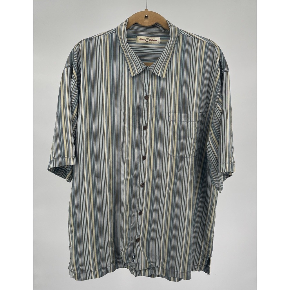 VINTAGE Tommy Bahama Shirt Mens XL Silk Striped Casual Short Sleeve Camp Button - Picture 2 of 7